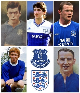 Which five players scored six or more goals for England while with Everton FC? 1 image 135