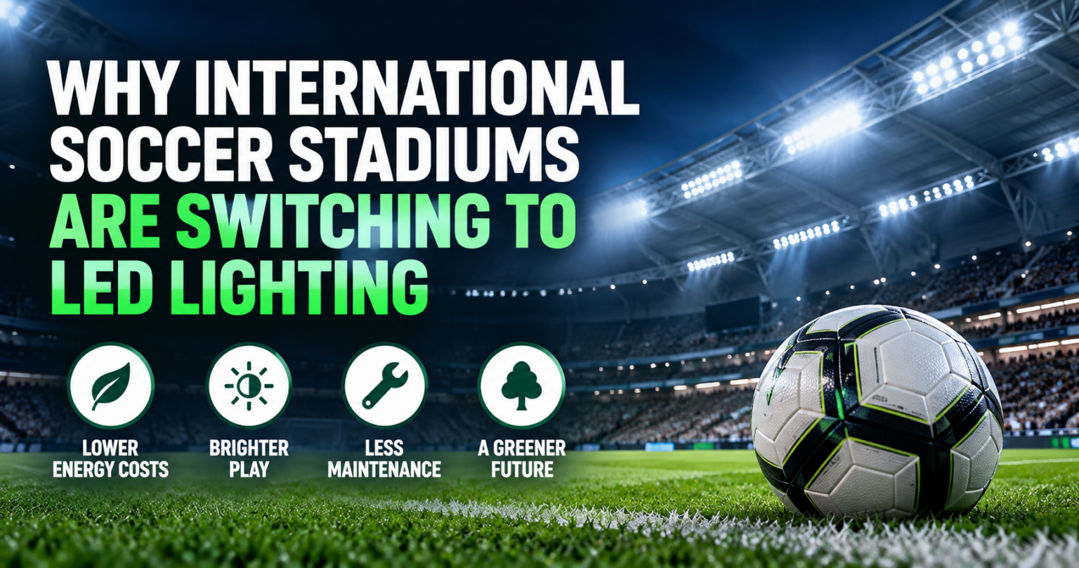 Why International Soccer Stadiums Are Switching to LED Lighting 1 International soccer stadium with LED lighting illuminating the pitch