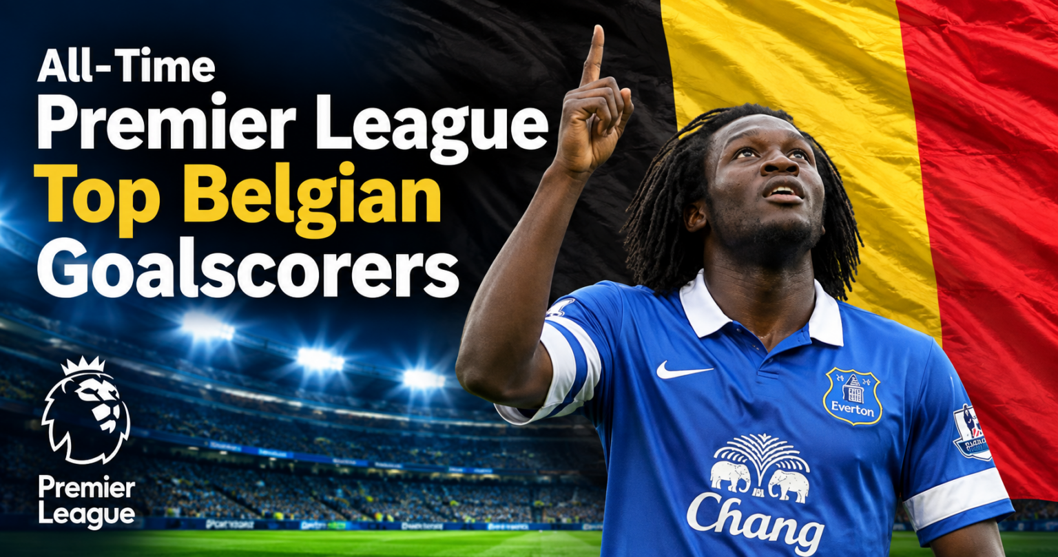 Romelu Lukaku in an Everton shirt looking up and pointing to the sky with one finger, with the Belgian flag behind him