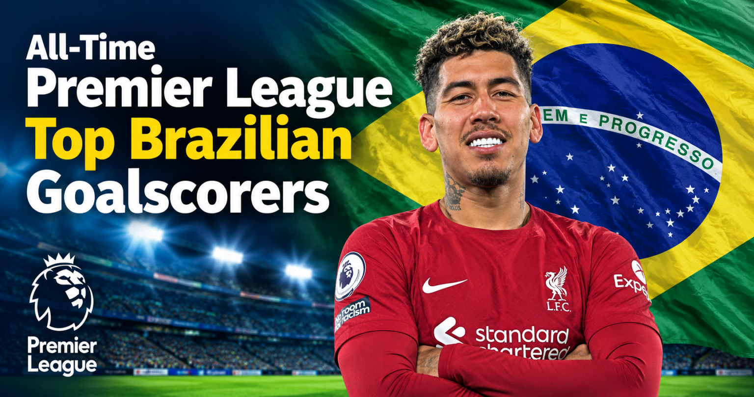 All-Time Premier League Top Brazilian Goalscorers 1 Roberto Firmino in a Liverpool shirt with his arms crossed and the Brazilian flag behind him