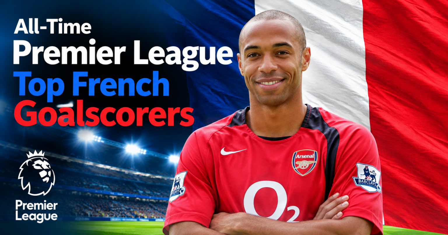 All-Time Premier League Top French Goalscorers 1 Thierry Henry smiling in an Arsenal shirt with his arms crossed and the French flag behind him