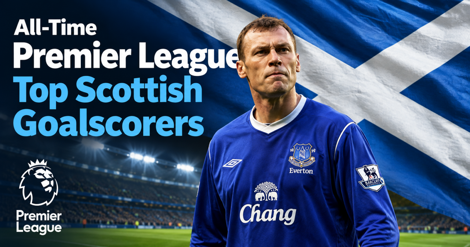 All-Time Premier League Top Scottish Goalscorers 1 Duncan Ferguson in an Everton shirt with the Scottish flag behind him