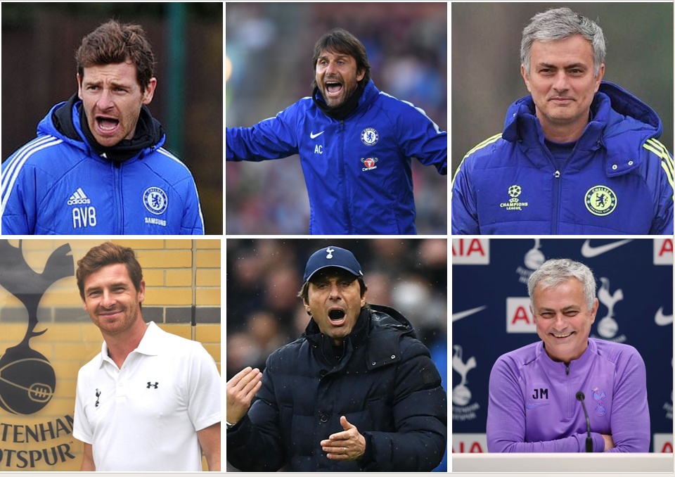 Which three Managers have been in charge of both Chelsea FC & Tottenham Hotspur? 2 Tottenham and Chelsea 1