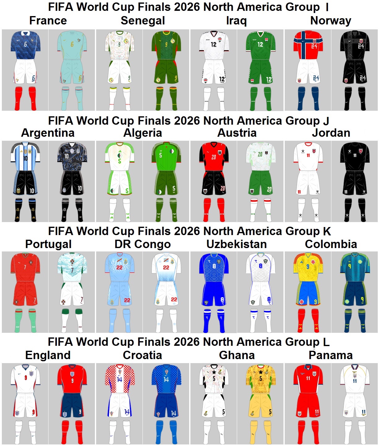 2026 FIFA World Cup Kits 5 FIFA World Cup 2026 North America
Groups I, J, K, L First & Second Playing Kits
