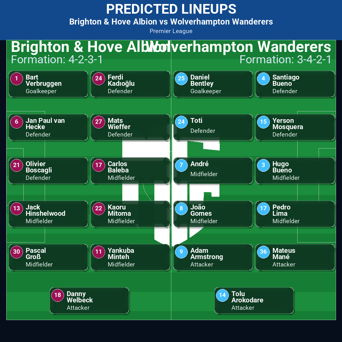 Brighton & Hove Albion vs Wolverhampton Wanderers predicted lineups