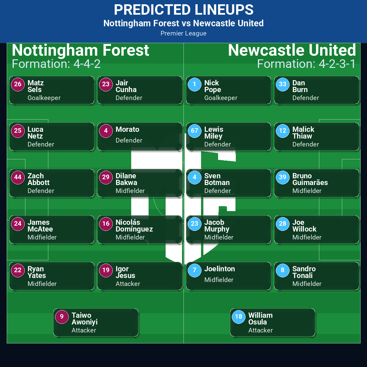 Nottingham Forest vs Newcastle United predicted lineups