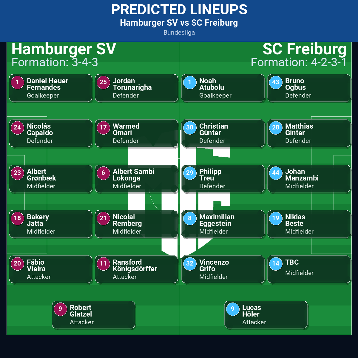 Hamburger SV vs SC Freiburg predicted lineups