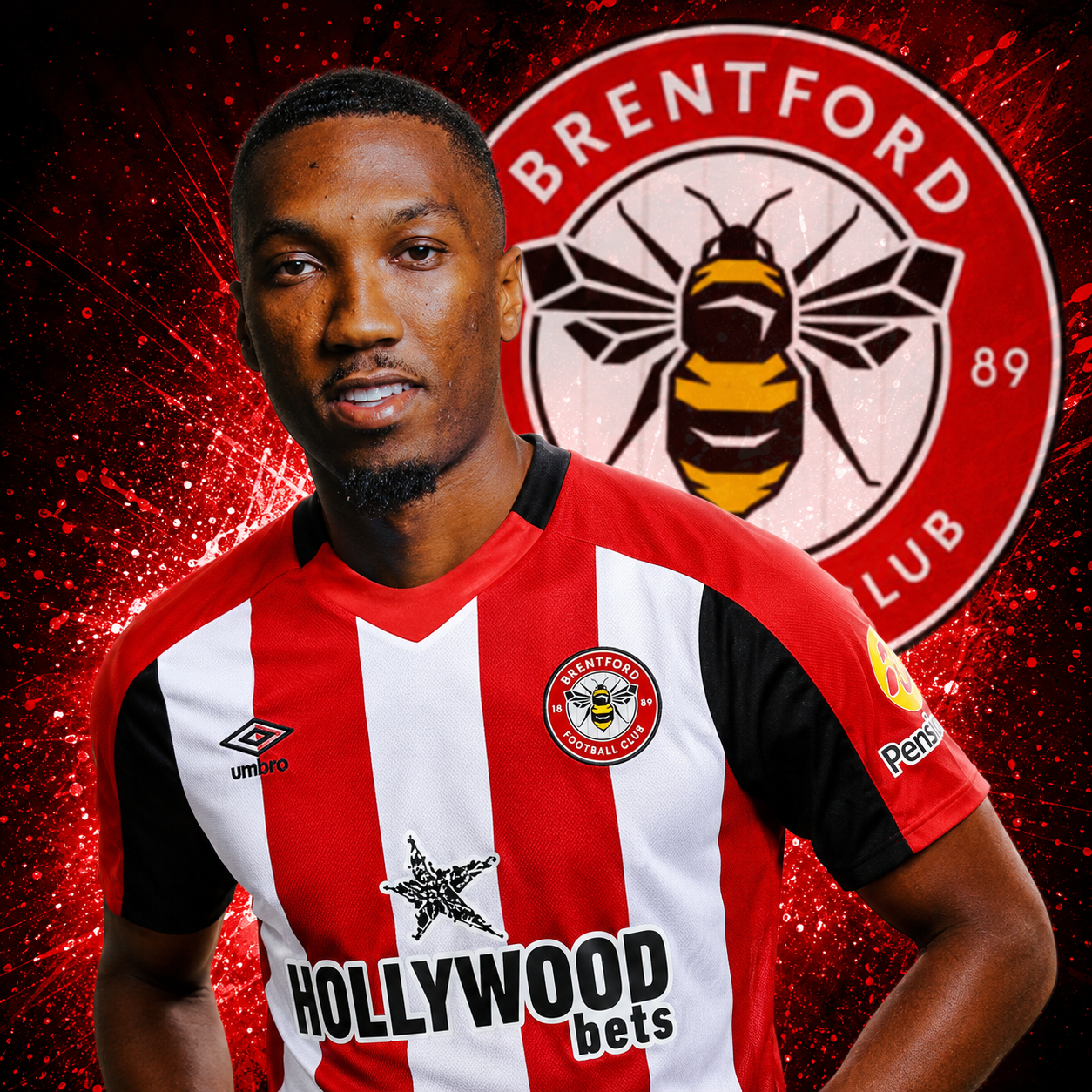 Jaidon Anthony Joins Brentford on Four-Year Deal 1 Jaidon Anthony wearing a Brentford FC home kit with a large Brentford club crest on a red and black graphic background.