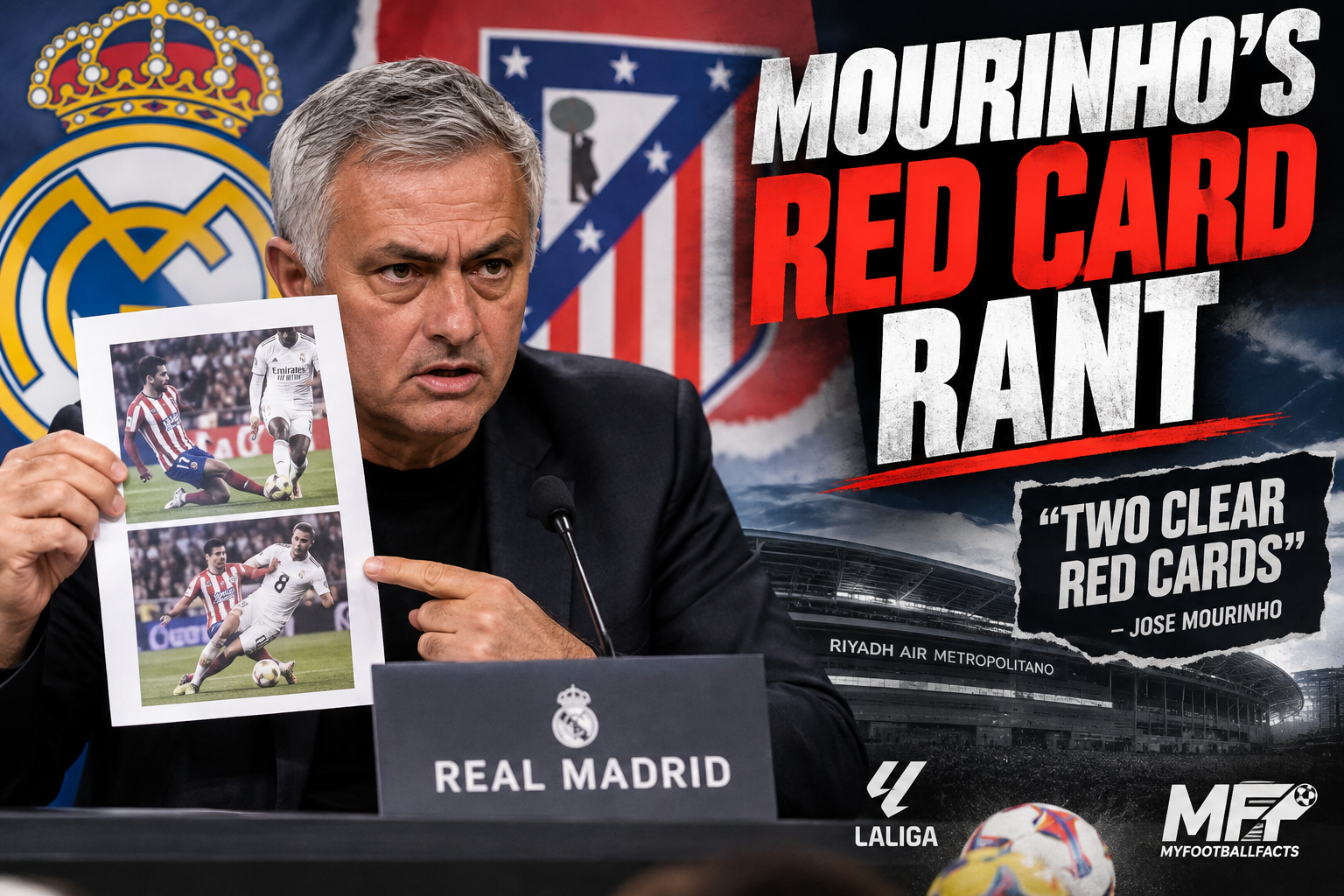 Jose Mourinho's Controversial Comments After Real Madrid Derby Defeat 1 Jose Mourinho holding printed red-card incidents after Real Madrid's derby defeat to Atletico Madrid