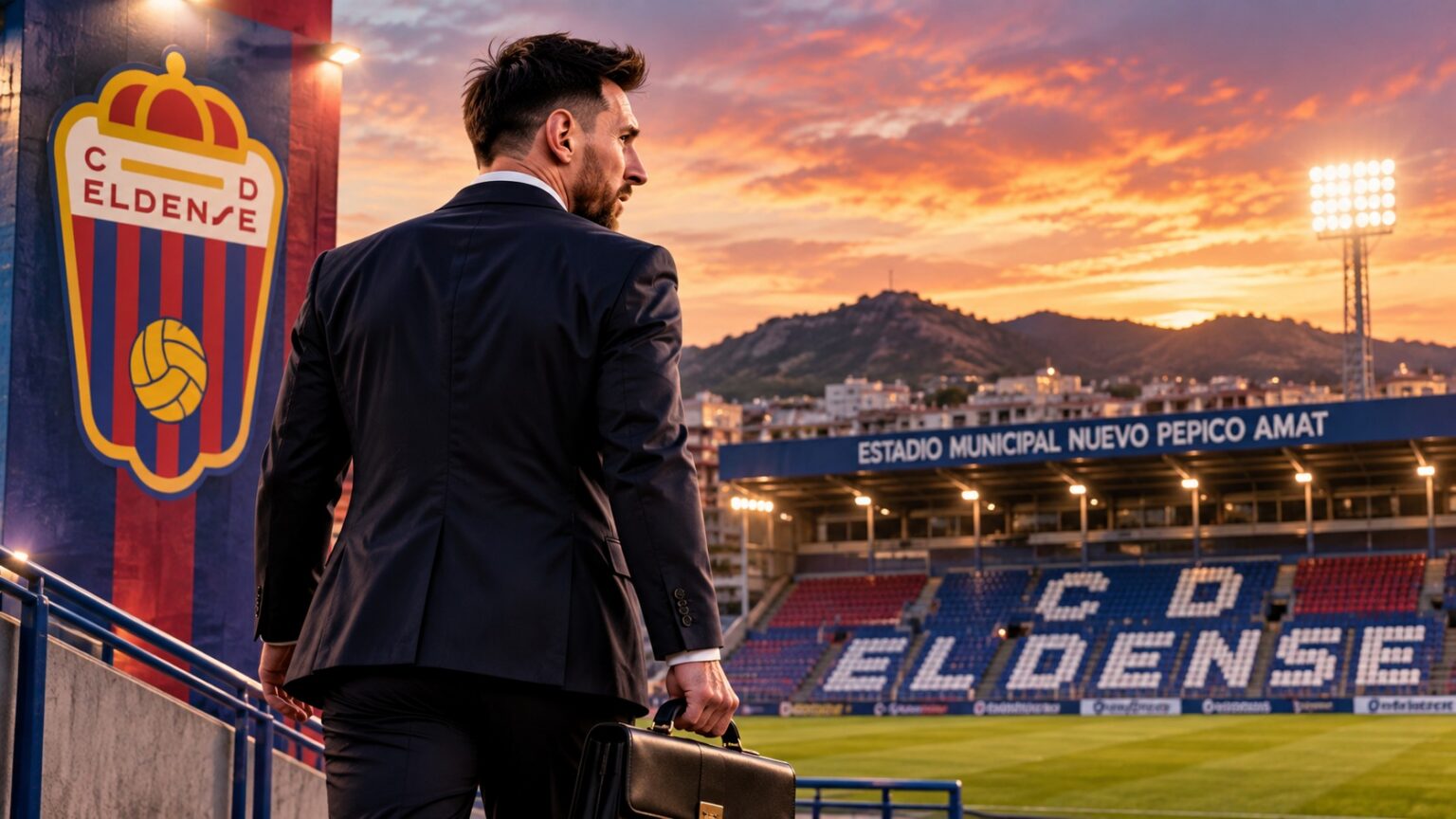 Lionel Messi Completes Purchase of Second Spanish Club as Eldense Takeover Begins New Era 1 Lionel Messi in a black suit carrying a briefcase at CD Eldense's Estadio Municipal Nuevo Pepico Amat, with the Spanish club's crest displayed in the background.